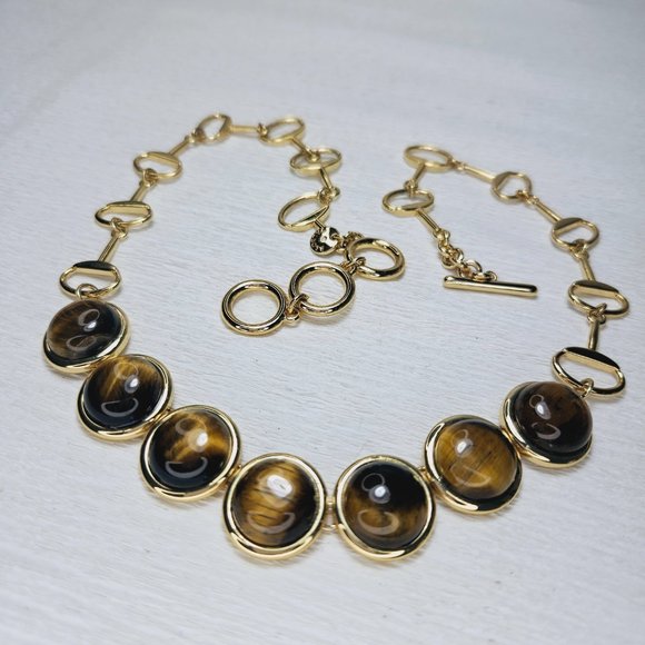 TALBOTS Tigers Eye Gold Tone Statement Necklace Semi Precious Stone - Picture 4 of 8